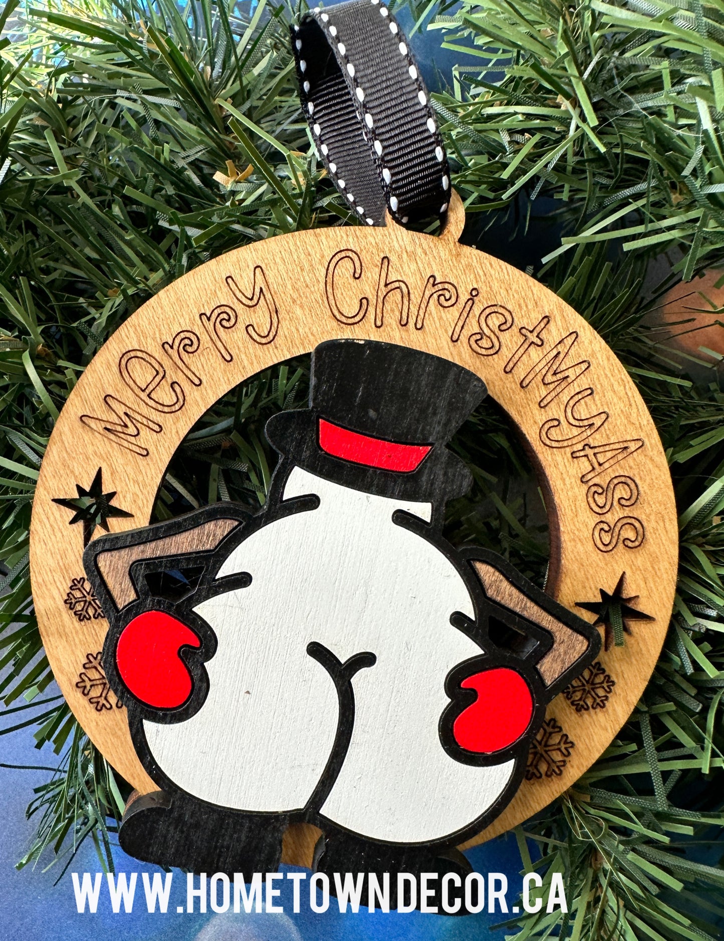 Santa, Snowman and Reindeer kiss my butt ornaments