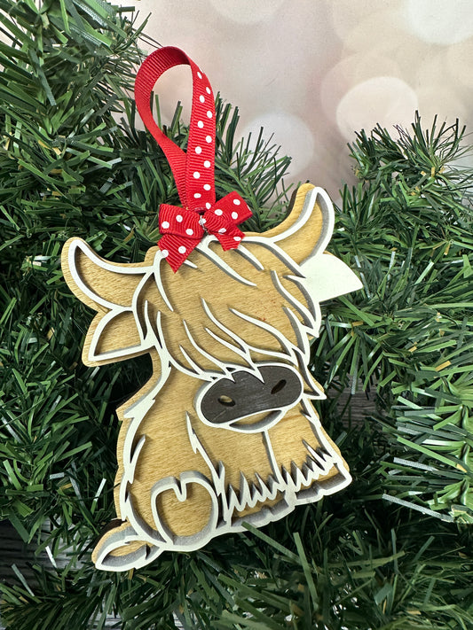 Highland Cow wooden two layered ornament