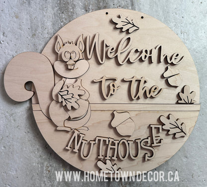 Nuthouse squirrel themed round sign DIY Kit